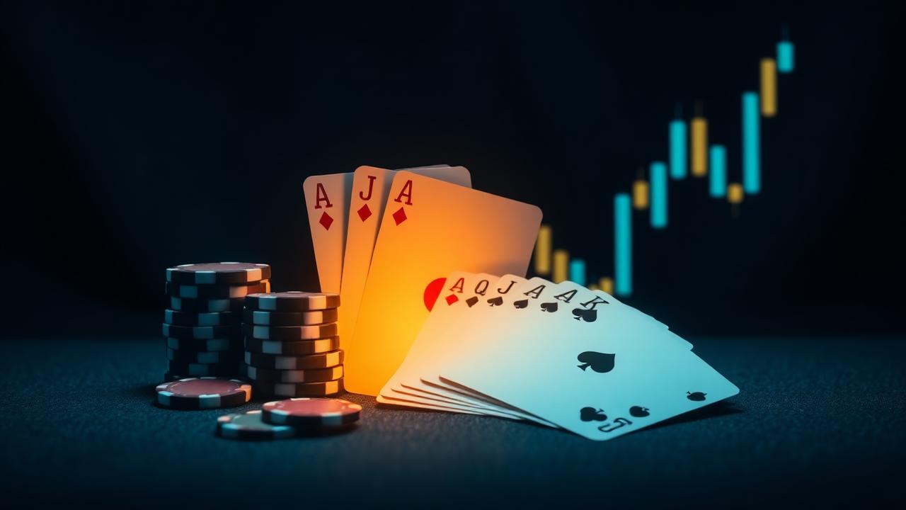 Poker cards next to a candlestick chart screen — illustrating the similarity between trading and poker