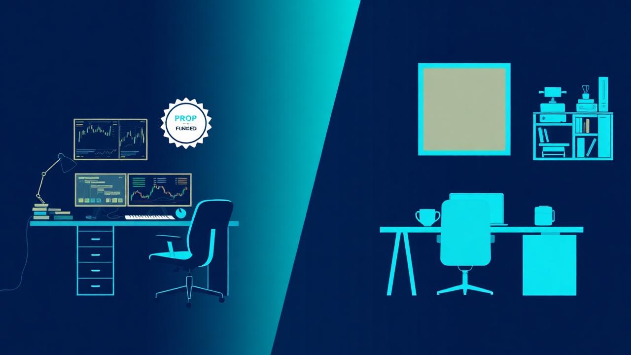 Split image comparing a prop firm trader at a corporate desk and a self-funded trader at home