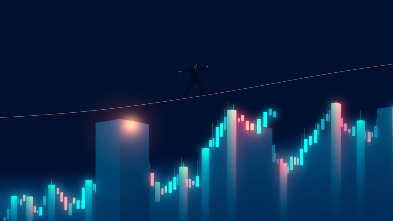 Illustration of a trader walking a tightrope above a candlestick chart — a metaphor for risk management